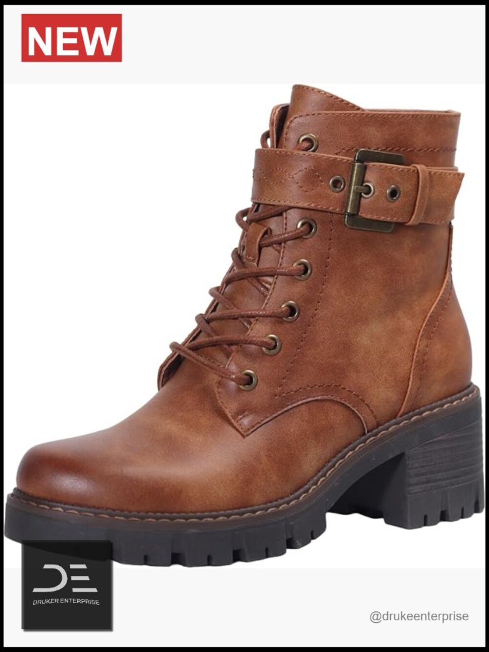 Women's Combat Boots Lace-Up Ankle Booties with Side Zipper & Buckle Chunky Mid
